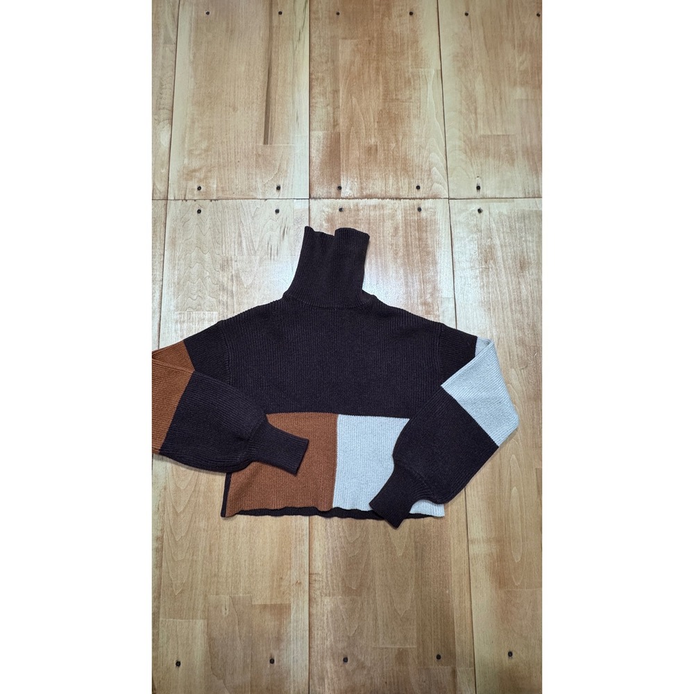 Blue Rain Womens Colorblock Turtleneck Sweater Brown‎ Tan Cream Cropped Small
